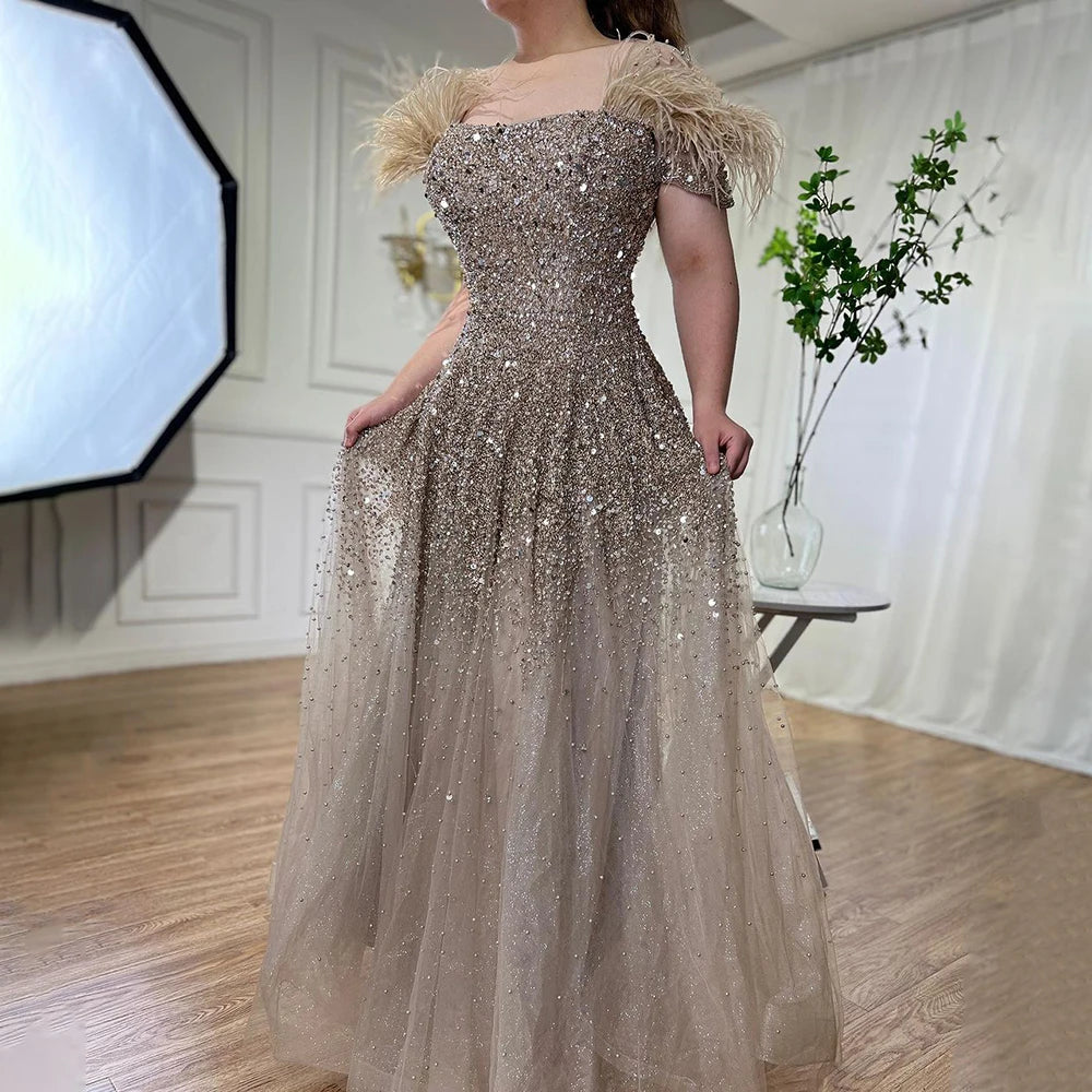 Luxury Caramel A-Line Evening Gown with Feather Beading