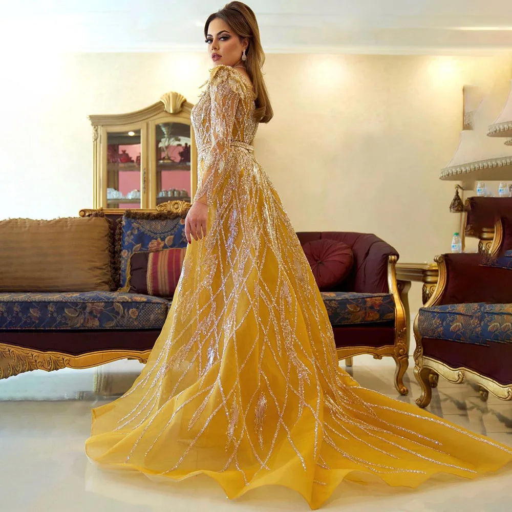 Gold Modest Mermaid Evening Gown with Overskirt and Dubai-Style Beading