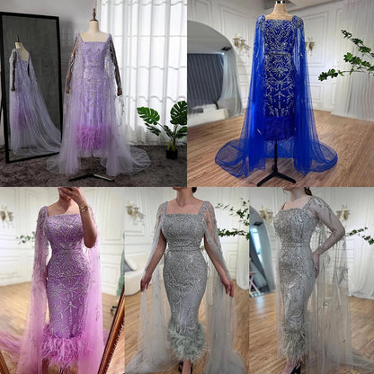 Elegant Lilac Mermaid Ankle-Length Midi Evening Dress with Feather Cape