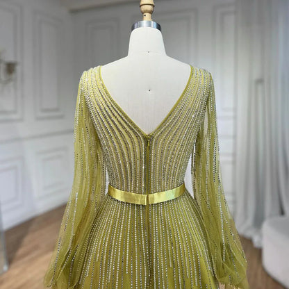 Golden Sands: Arabic Yellow A-Line Beaded Luxury Evening Dress