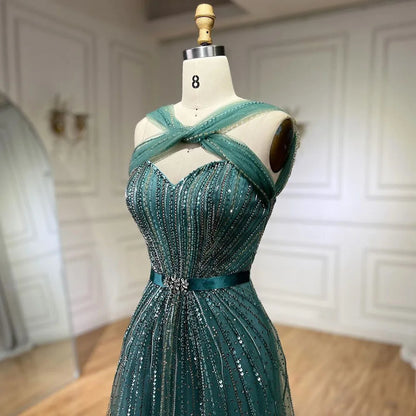 Turquoise Spaghetti Strap A-Line Luxury Evening Gown