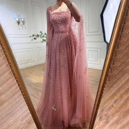 Pink Modest A-Line Evening Dress with Square Collar