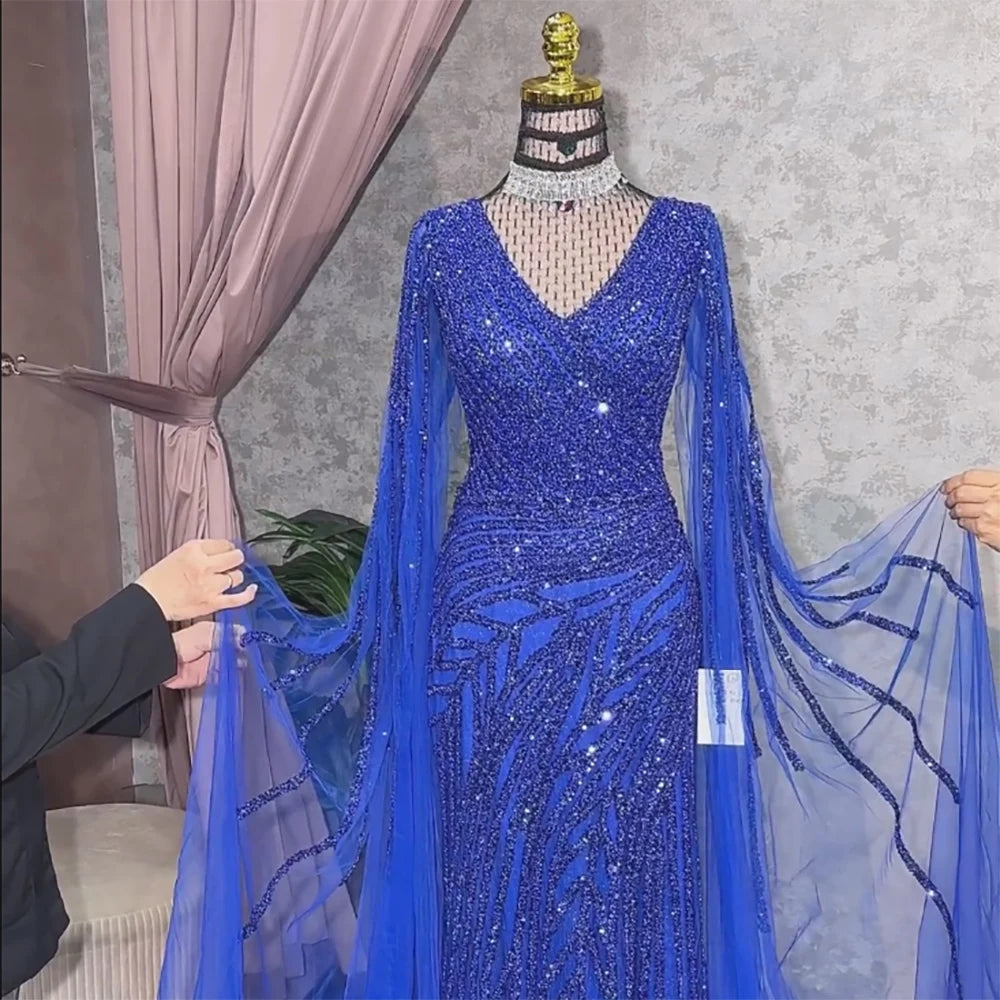 Vestido de noche de lujo con mangas de capa elegante con cuentas azules de sirena árabe para mujer fiesta de boda