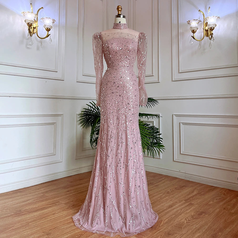 Modest Pink Long Sleeve High Neck Luxury Sequined Mermaid Evening Dresses Gowns Elegant