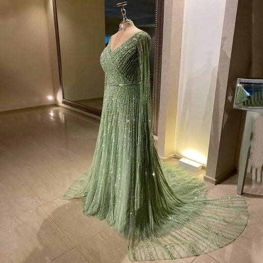 Mint Cape Sleeves A-Line Beaded Luxury Evening Long Dresses Celebrity Gowns