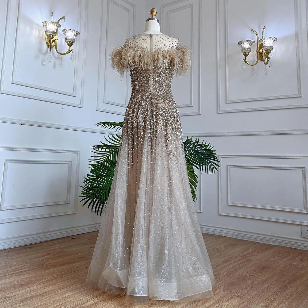 Luxury Caramel A-Line Evening Gown with Feather Beading