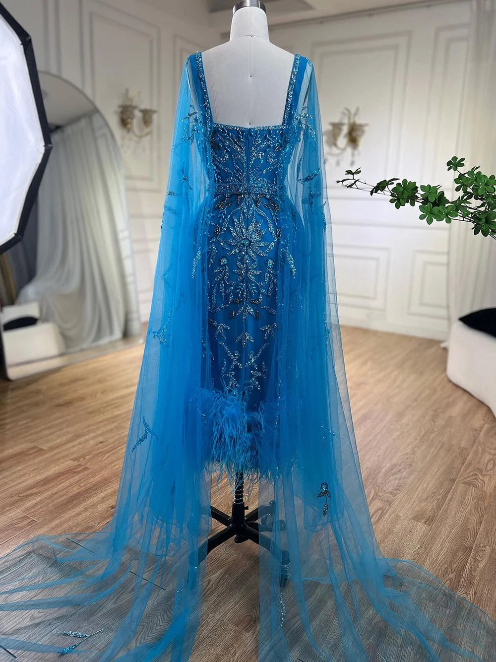 Blue Mermaid Ankle-Length Feather Beaded Evening Dress with Cape