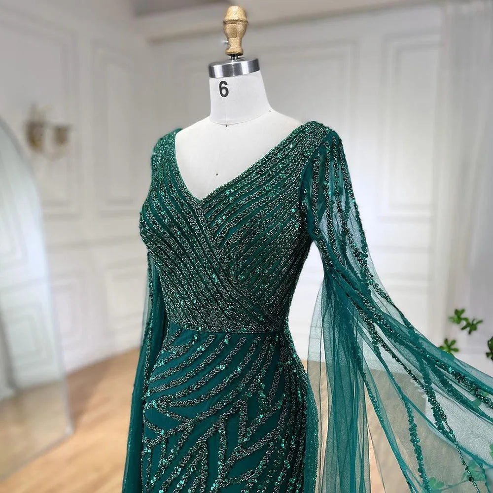 Vestido de noche de lujo con mangas de capa elegante con cuentas azules de sirena árabe para mujer fiesta de boda