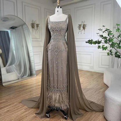 Feather Caramel Mermaid Ankle-Length Evening Dress