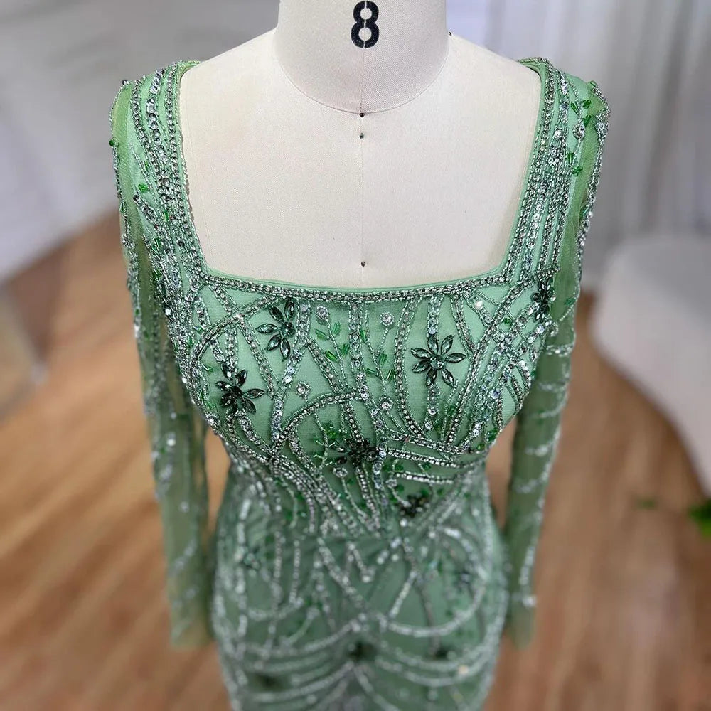 Luxury Dubai-Style Green Mermaid Evening Dress with Crystal Beading