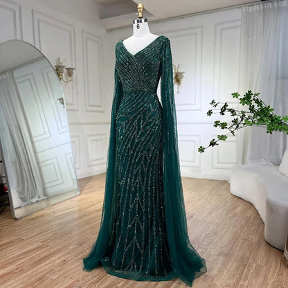 Vestido de noche de lujo con mangas de capa elegante con cuentas azules de sirena árabe para mujer fiesta de boda