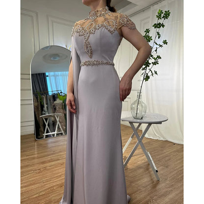 Ivory High Neck Cape Sleeve Mermaid Evening Dresses Beaded Elegant Gowns