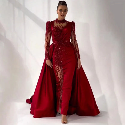 Vestido de noche de sirena de encaje de lujo: Elegancia en rojo vino para veladas australianas S72202