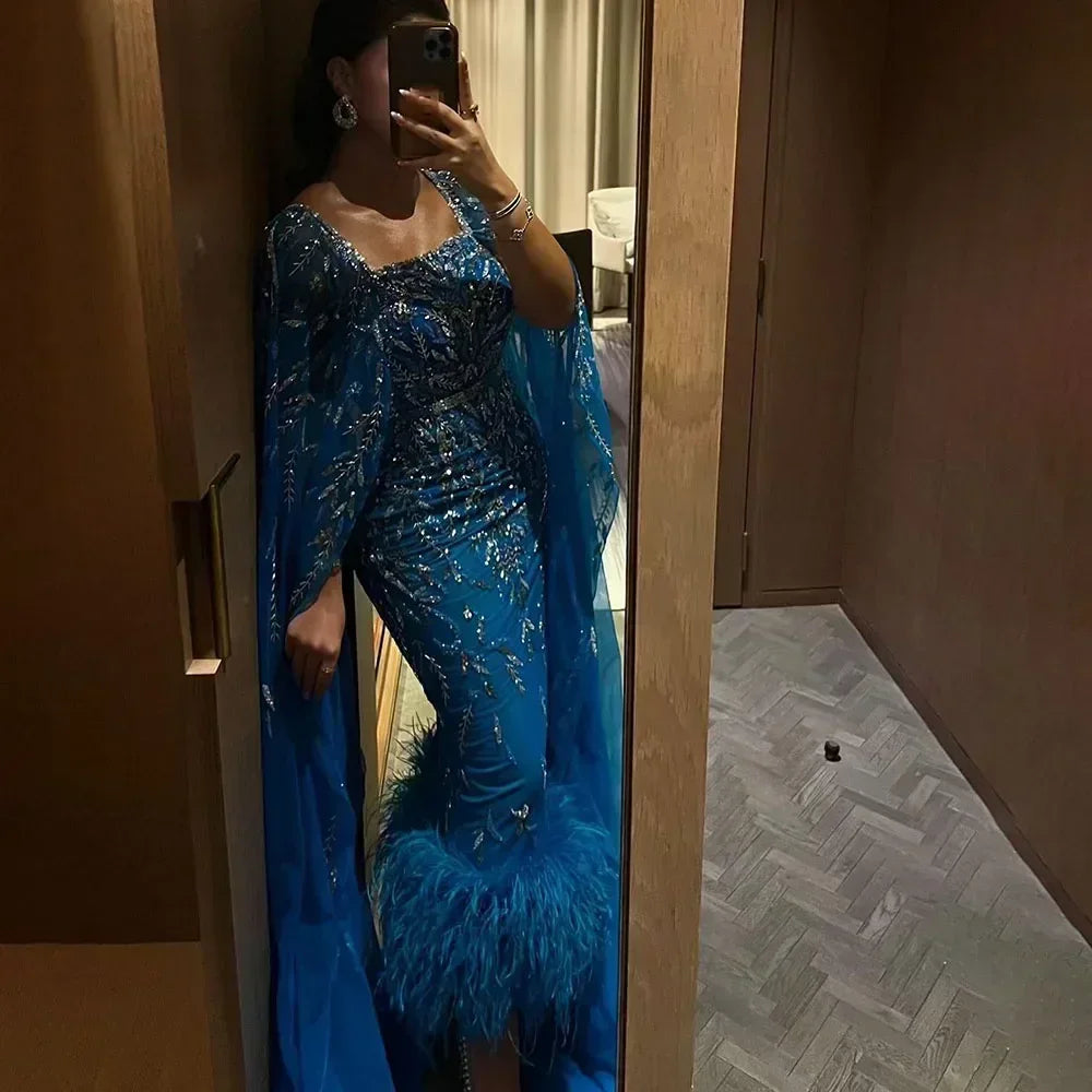 Blue Mermaid Ankle-Length Feather Beaded Evening Dress with Cape