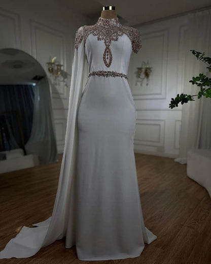 Ivory High Neck Cape Sleeve Mermaid Evening Dresses Beaded Elegant Gowns