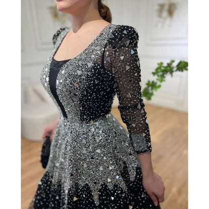 Luxury Modest Black A-Line Evening Gown with Sequined Beading