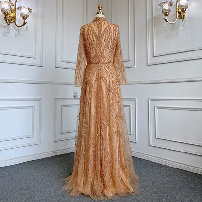 Modest Gold Mermaid Elegant Luxury Evening Dresses Gowns High Neck Beaded