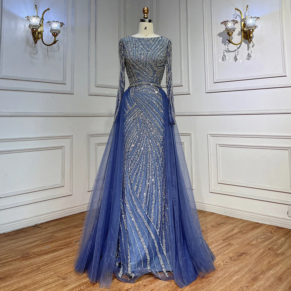 Luxury Blue Modest Mermaid Evening Dress with Detachable Skirt