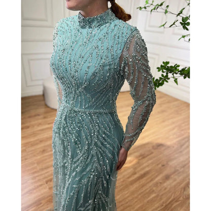 Modest Gold Mermaid Elegant Luxury Evening Dresses Gowns High Neck Beaded