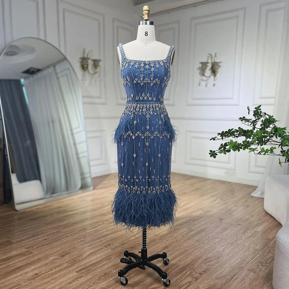 Blue Lace Midi Evening Dress with Luxury Crystal Feathers