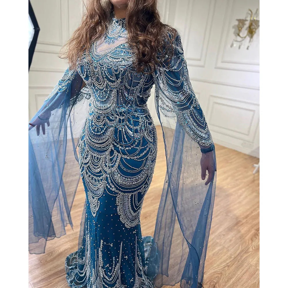 Blue Mermaid Lace Beaded Evening Gown with Cap Sleeves