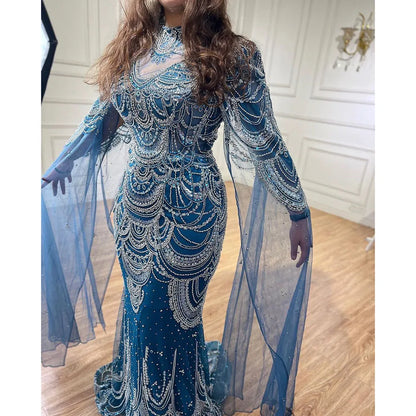 Vestidos de noche formales con cuentas de encaje de sirena azul árabe con capa para mujer vestidos de fiesta de graduación de boda