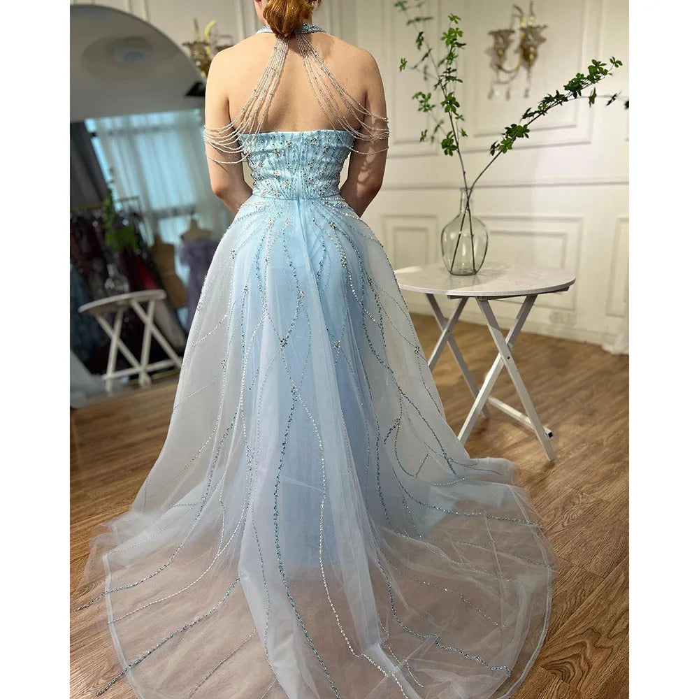 Blue Halter Sleeveless Mermaid Evening Gown with Overskirt