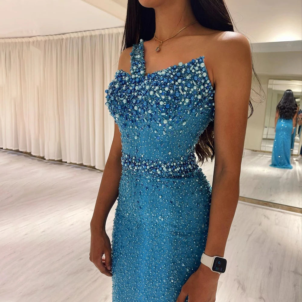 Arabic Blue One Shoulder Mermaid Evening Dress