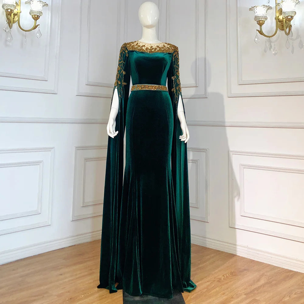 Emerald Mermaid Evening Gown: Modest Green Cape Sleeves