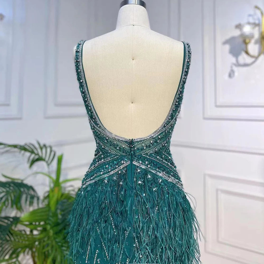 Arabic Blue Mermaid Evening Gown with Cape and Feather Beading