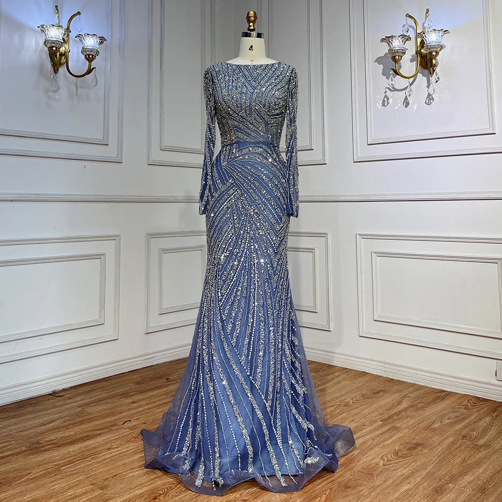 Luxury Blue Modest Mermaid Evening Dress with Detachable Skirt