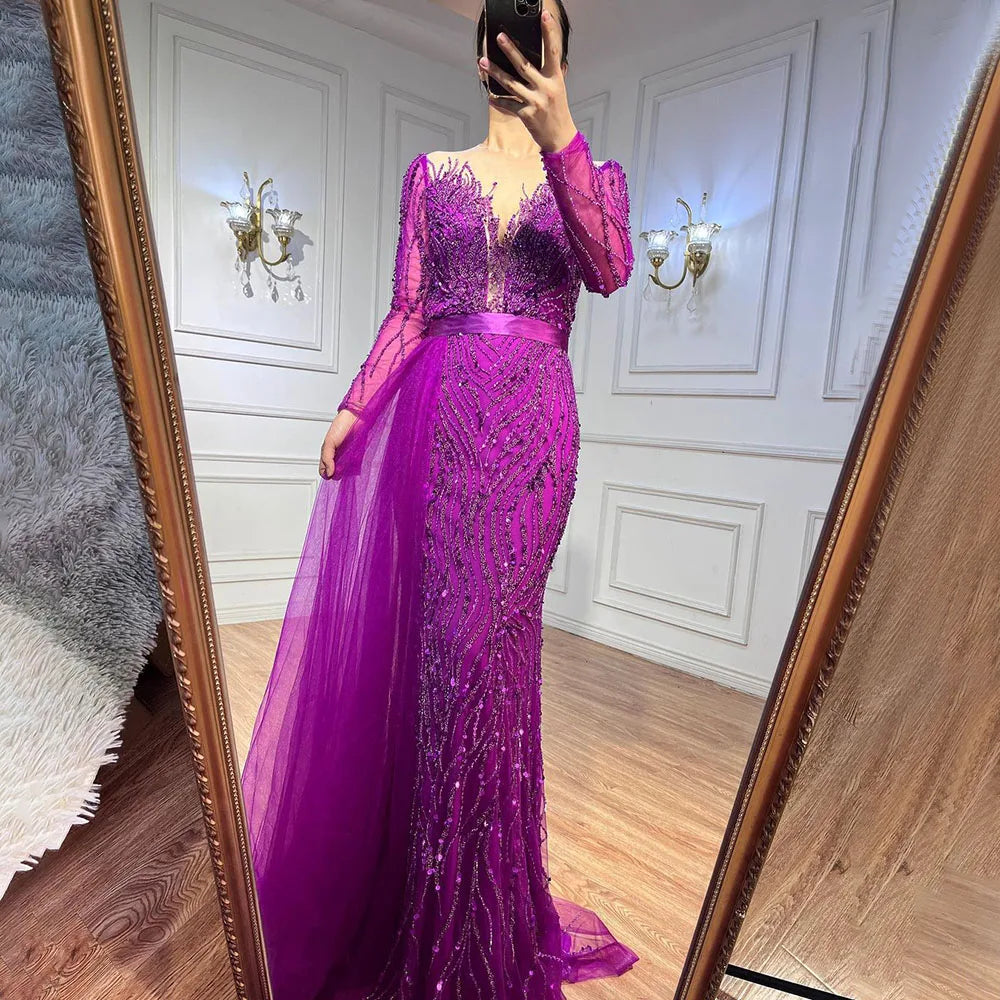 Sirena púrpura elegante con falda de encaje con cuentas vestidos de noche de lujo vestidos para mujer boda