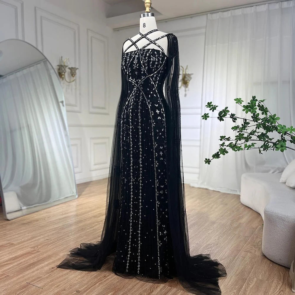 Arabic Luxury Dubai Blue Mermaid Evening Gown with Cape Sleeves