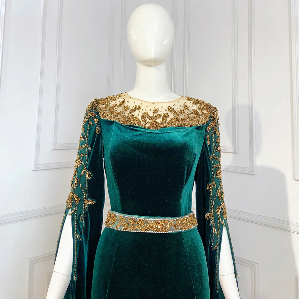 Emerald Mermaid Evening Gown: Modest Green Cape Sleeves