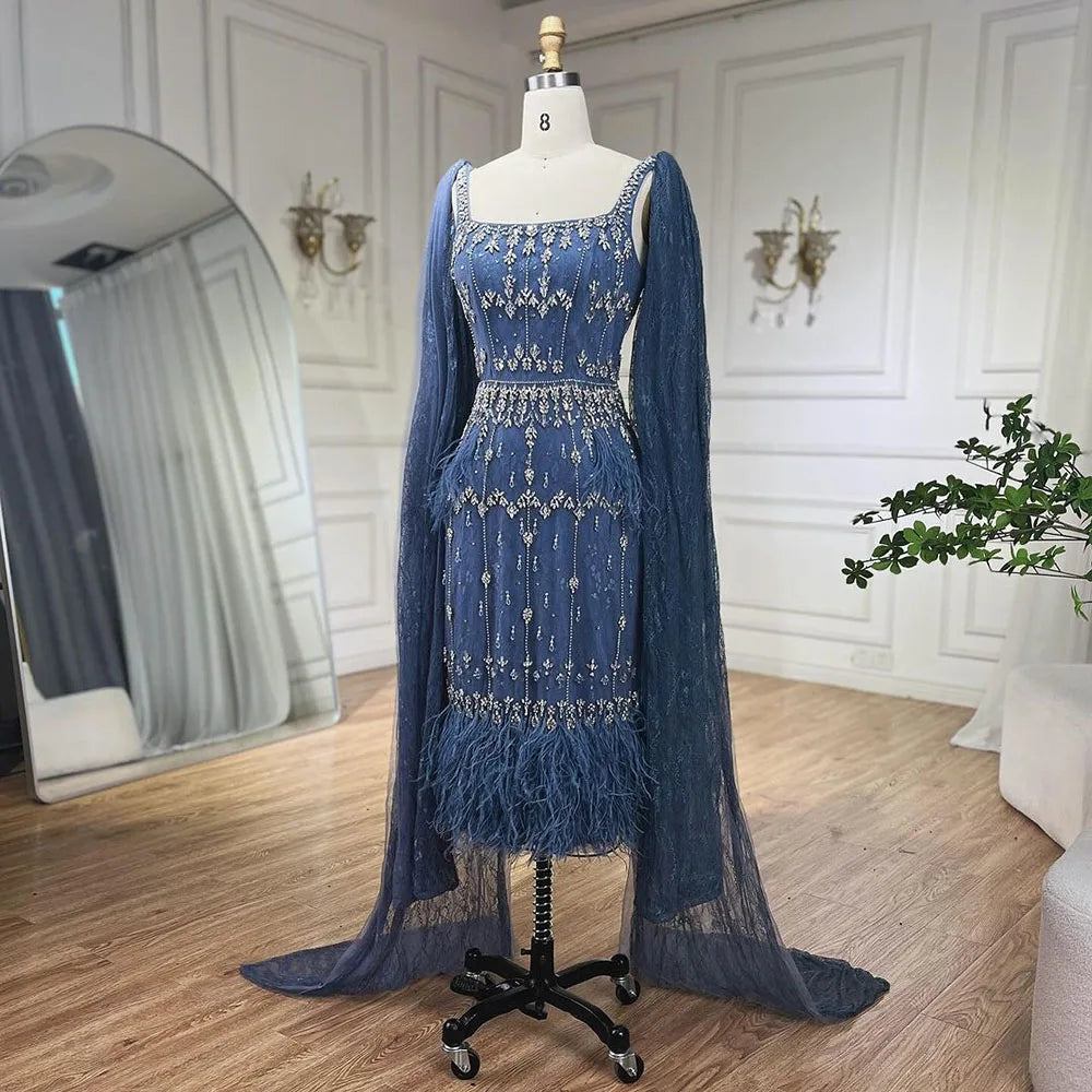 Blue Lace Midi Evening Dress with Luxury Crystal Feathers