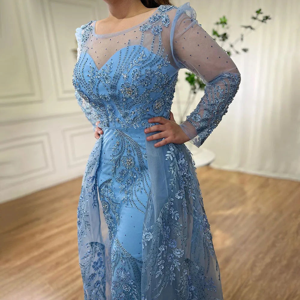 Modest Luxury Blue Beaded Mermaid Evening Gown