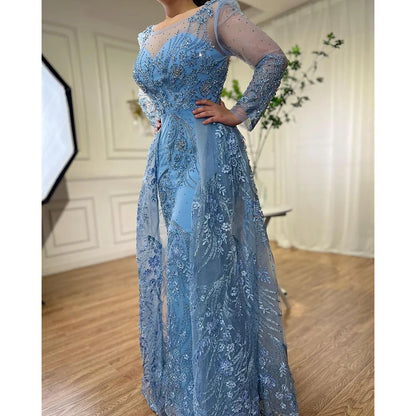 Modest Luxury Blue Beaded Mermaid Evening Gown