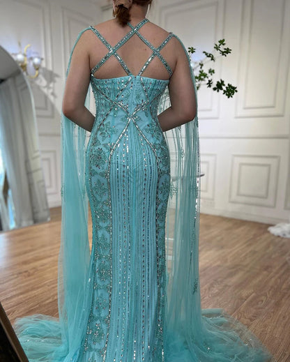 Arabic Luxury Dubai Blue Mermaid Evening Gown with Cape Sleeves