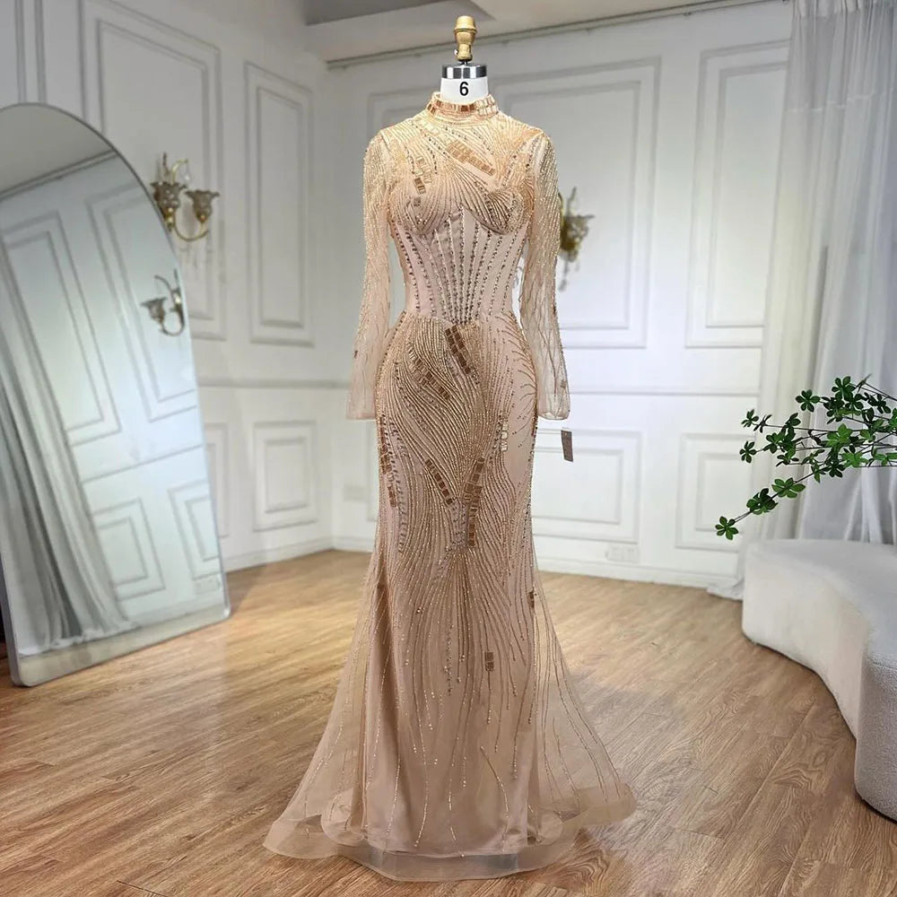 Gowns Nude Illusion Pearls Beaded Feathers Mermaid Long Evening Dress