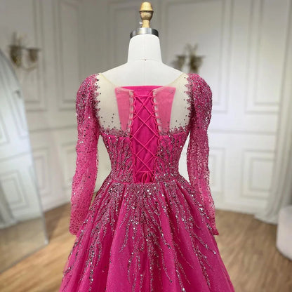 Modest Pink A-Line Beaded Luxury Evening Dress