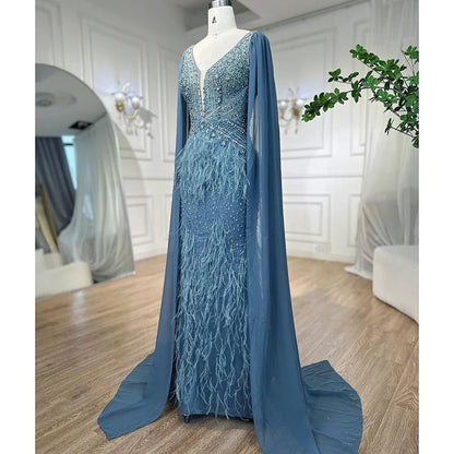 Arabic Blue Mermaid Evening Gown with Cape and Feather Beading