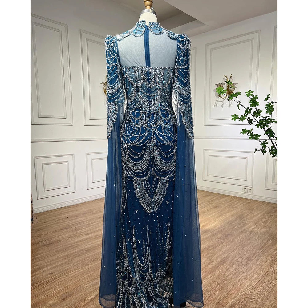 Vestidos de noche formales con cuentas de encaje de sirena azul árabe con capa para mujer vestidos de fiesta de graduación de boda