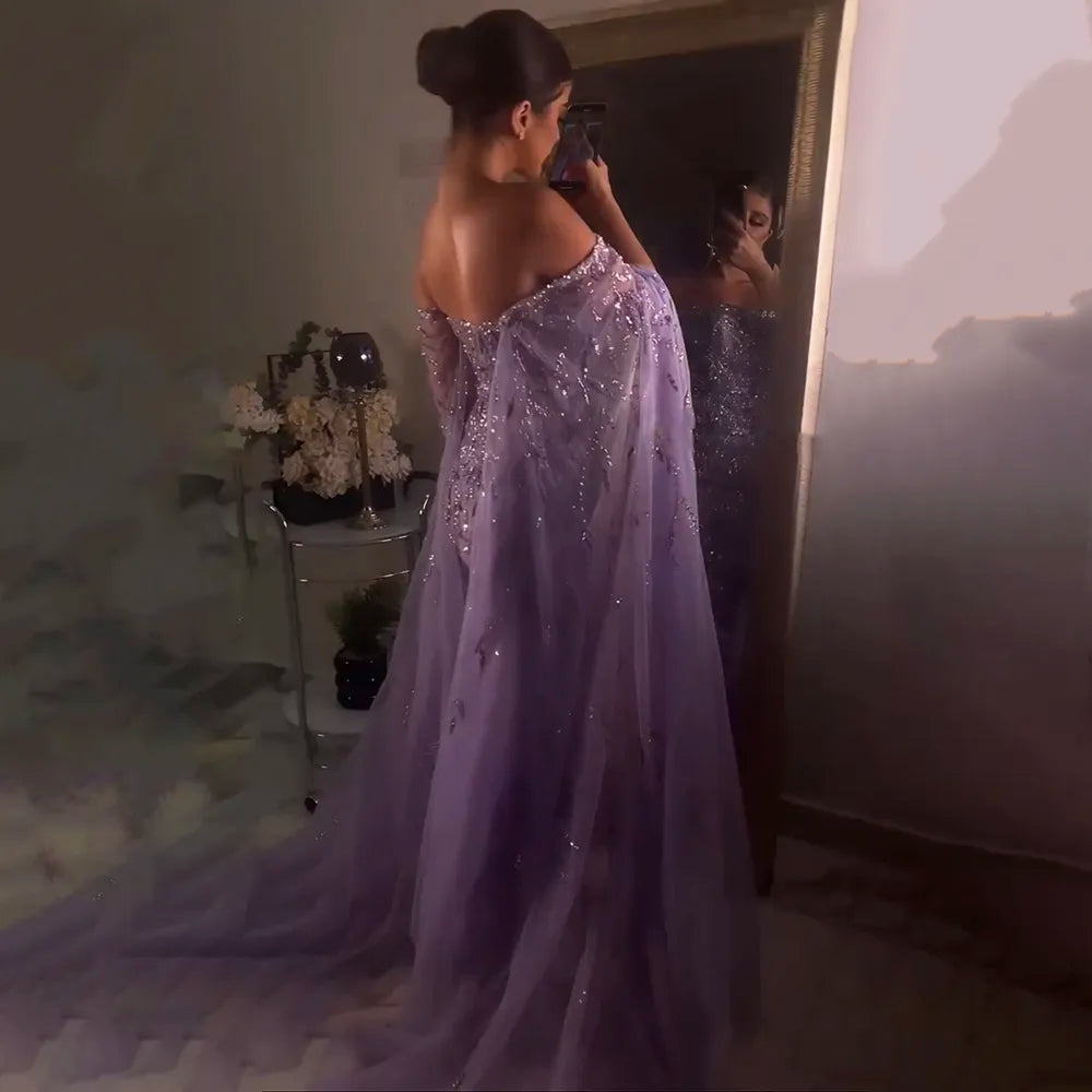 Elegant Lilac Mermaid Ankle-Length Midi Evening Dress with Feather Cape