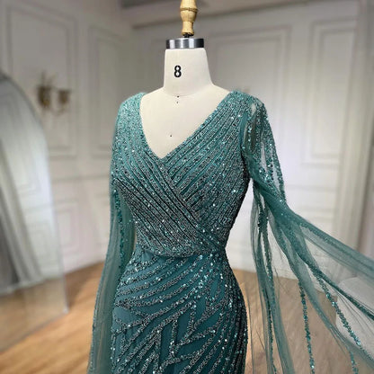 Vestido de noche de lujo con mangas de capa elegante con cuentas azules de sirena árabe para mujer fiesta de boda