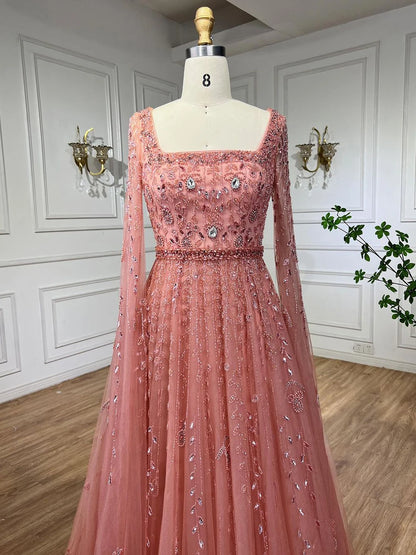 Pink Modest A-Line Evening Dress with Square Collar