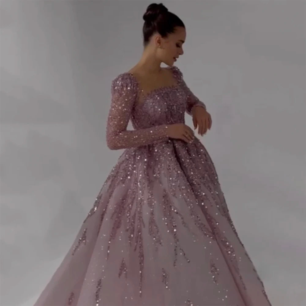 Modest Pink A-Line Beaded Luxury Evening Dress