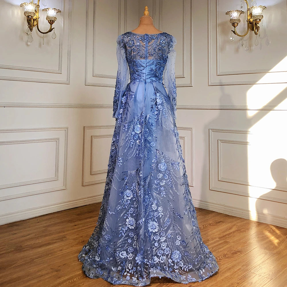 Modest Luxury Blue Beaded Mermaid Evening Gown