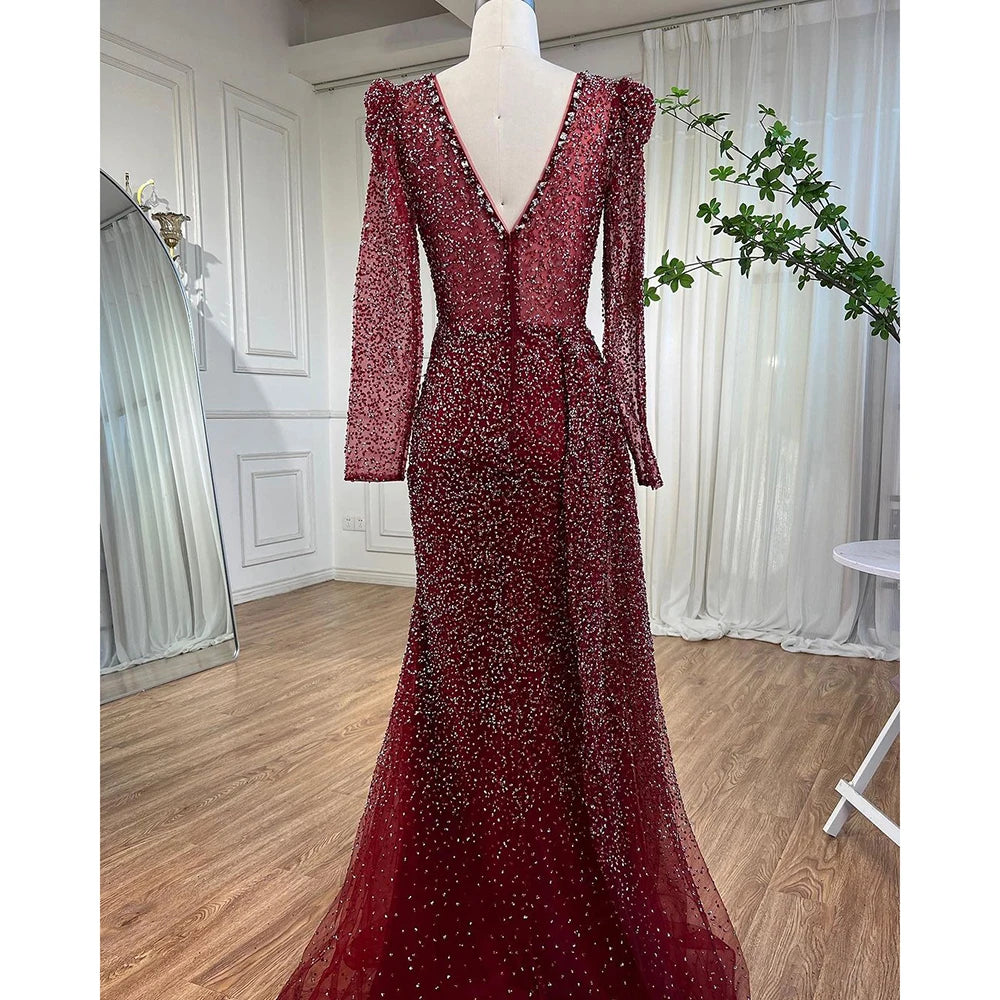 Elegant Modest Wine Red Mermaid Evening Gown with Designer Beading