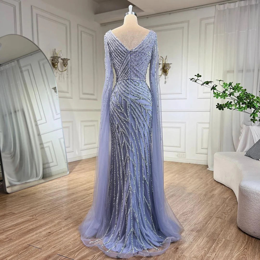 Vestido de noche de lujo con mangas de capa elegante con cuentas azules de sirena árabe para mujer fiesta de boda