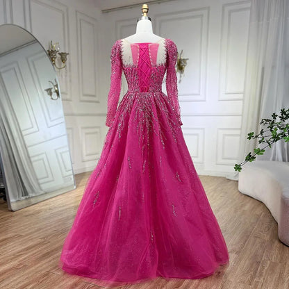 Modest Pink A-Line Beaded Luxury Evening Dress